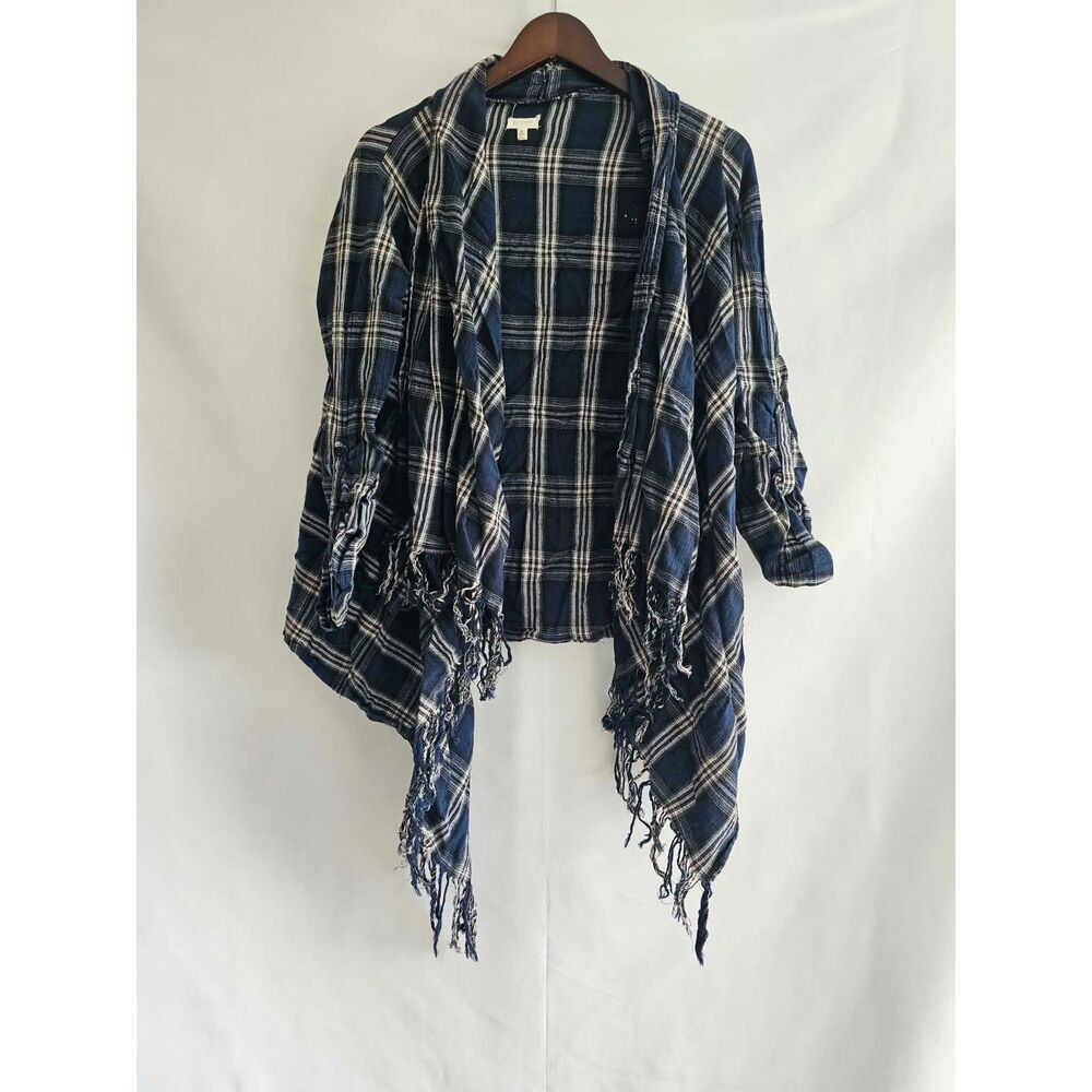 En Creme Plaid Fringe Open Front Cardigan Jacket Navy Blue Black Size S Cotton